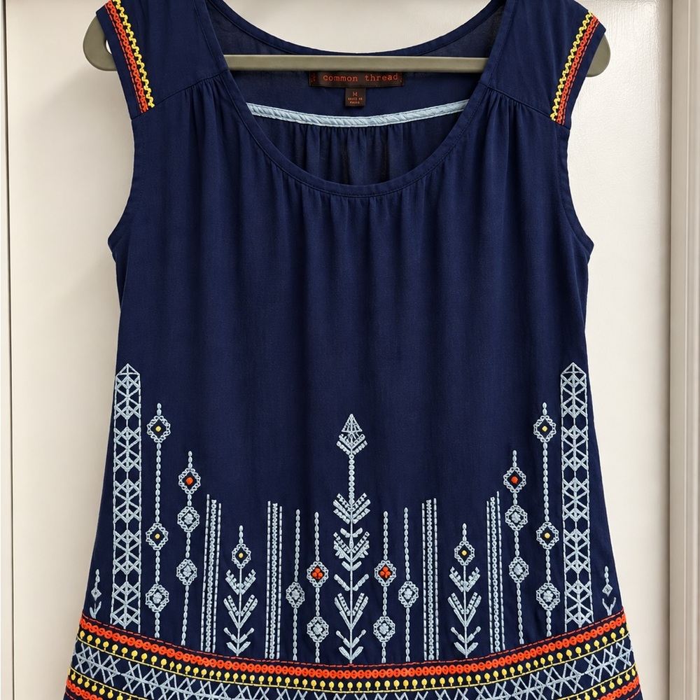 Navy Embroidered Cap-Sleeve Women's Top